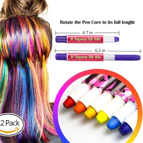 12 Temporary Color Hair Chalk Pens for Girls with Disposable Gloves and Cape Included