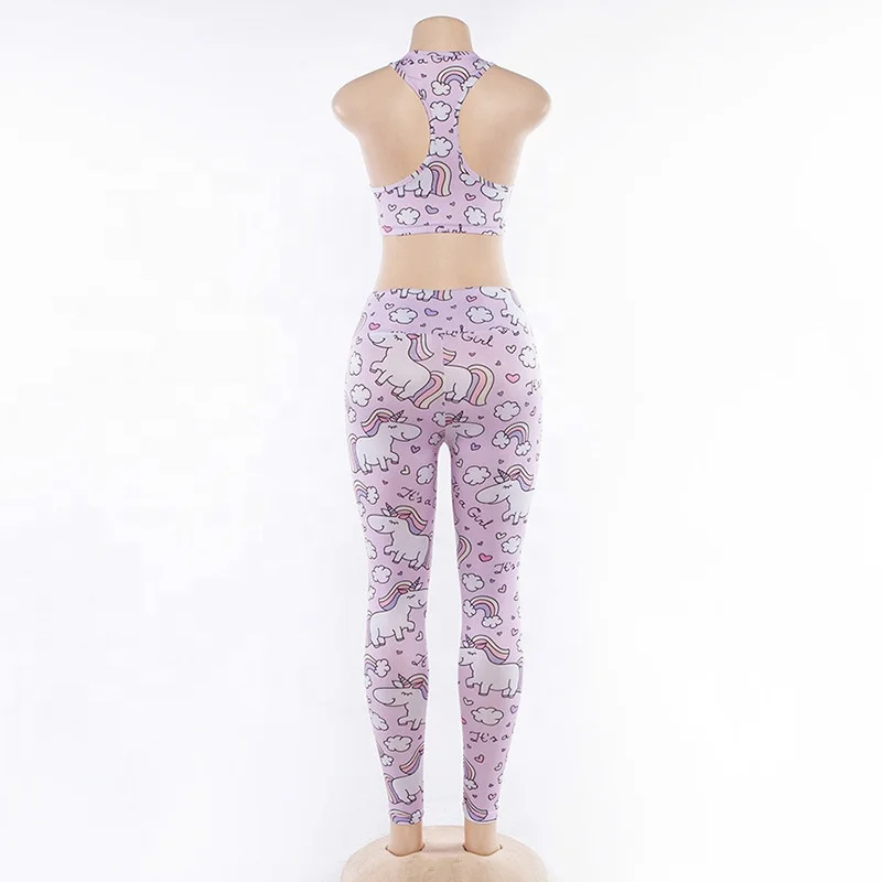Animal Pink Color Unicorn Fitness Yoga Set, T Back Bra+Leggings For Women conjunto de