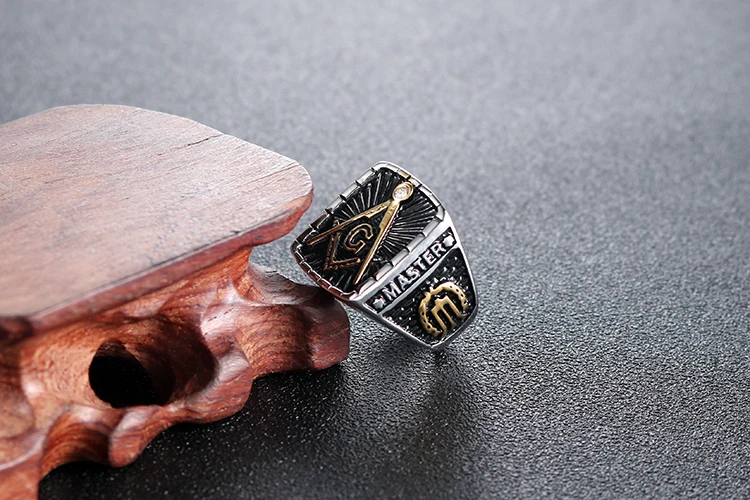 Vintage Two -tone AG Masonic freemason  Biker Gold Ring Stainless Steel Demolay Silver Ring With White CZ