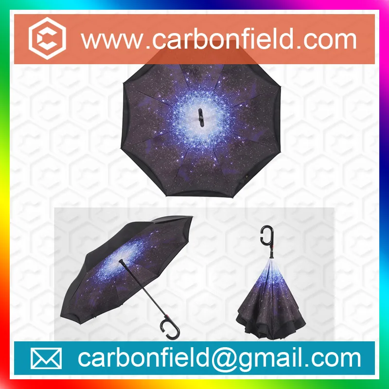 Windproof Reverse Folding Double Layer Inverted Umbrella and Self Standing Inside Out Rain Protection Umbrella with C-shaped Han
