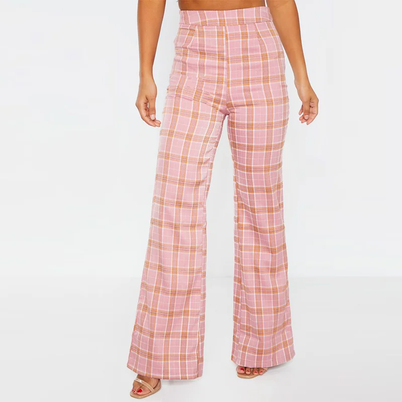 Spring Fall Plaid  Two Piece Set Long Sleeve Waist Tie  Blazer Ladies Flare Checked Pants Office  Woman