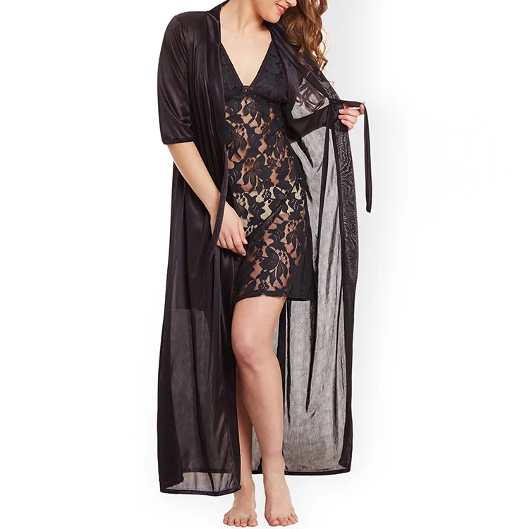 Black Lace Silk Women Sleeping Hot Night Dress with Robe