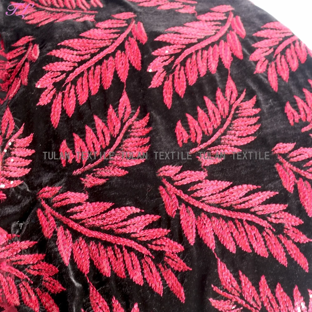 Red leaf sequin embroidery velvet fabric for garment dress and decoration