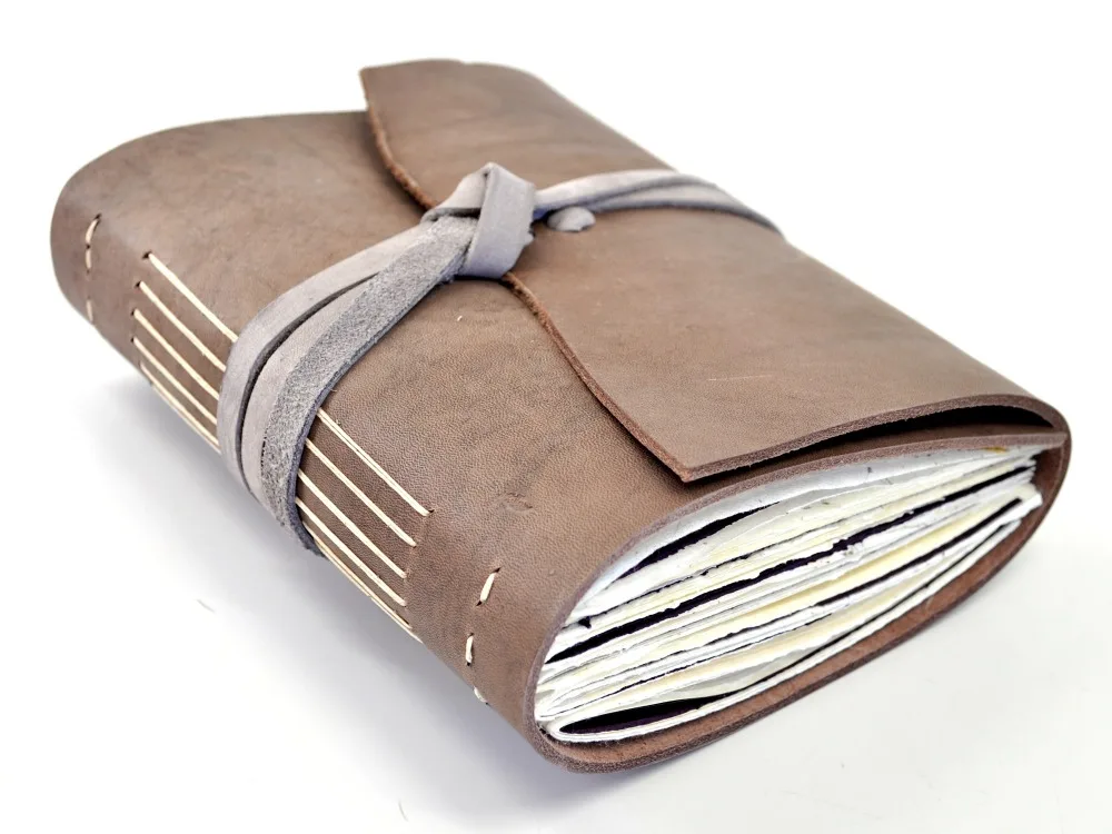 Unique bundled cow hide leather journal vintage with thread 6 small paper sheet books, natural raw leather journals handmade