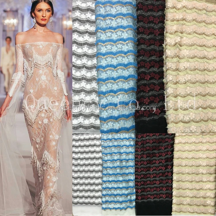 NQ325 Queency High Quality Wholesale Handcut Bridal 3D Flower French Tulle Lace Fabric with Tassel