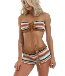 Fashion crochet bikini summer set in rainbow colors bandage swimwear