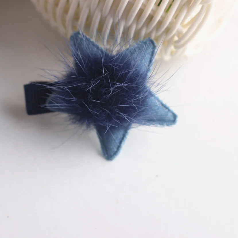 Lovely girls denim star shaped pom pom flat hair clip