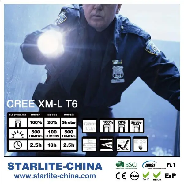 STARLITE rechargeable led torch personal self defense flashlight