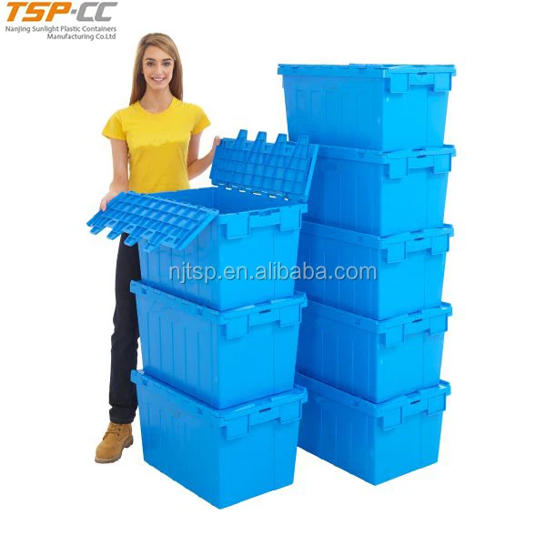 Attached Lids Security Crates, Plastic moving crate sale, plastic crates