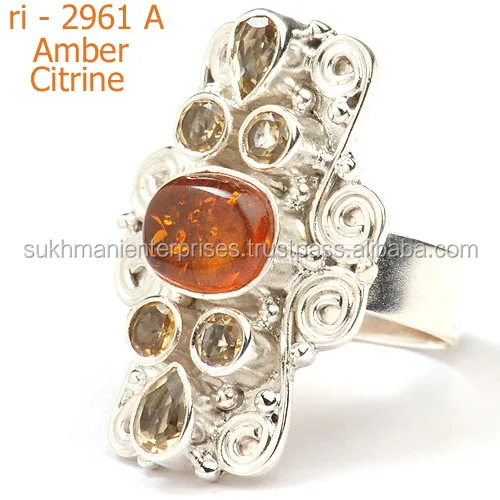 Ювелирные изделия из стерлингового серебра 925 пробы оптовая продажа индийские серебряные кольца кольцо янтарного цитрина