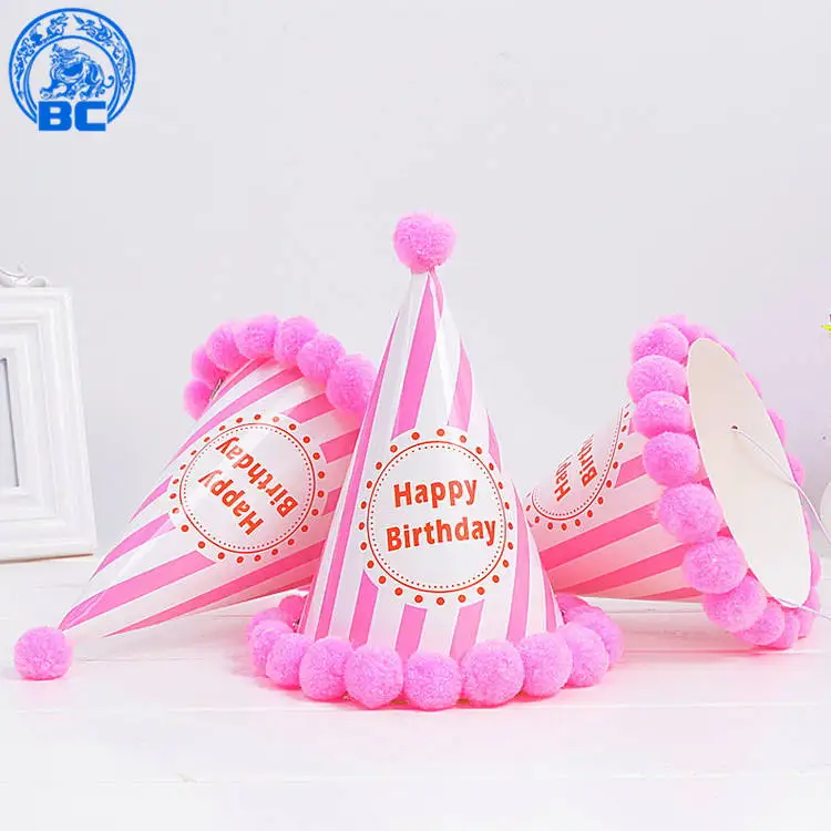 
2018 Wholesale party supplies kids birthday paper cone hat with pom poms 
