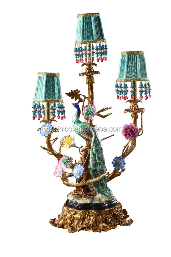 Golden Peacock Multiple Droplight Bronze Table Lamp, Antique Brass Desk Light With Colorful Sparrow Perched On The Trunk