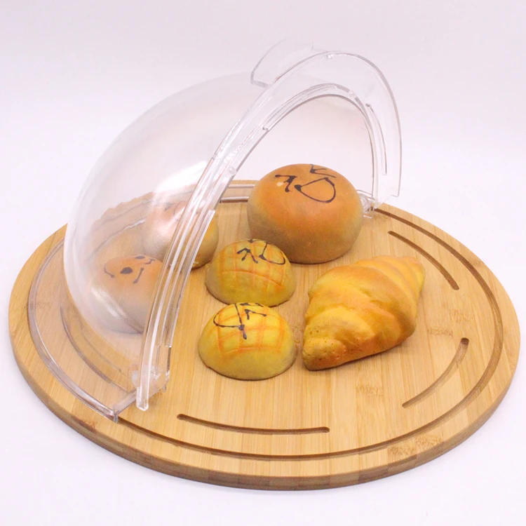 High Quality Bamboo Wood Round Shape Serving Tray Restaurant bread display wooden tray with transparent lid