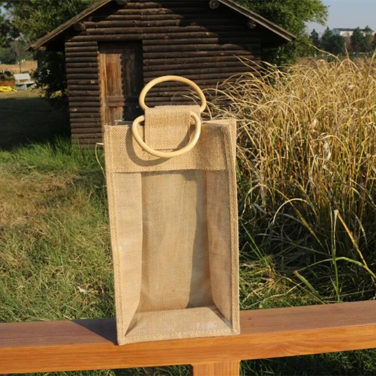 Linen bag custom portable linen wine bag custom transparent PVC window yellow linen bag