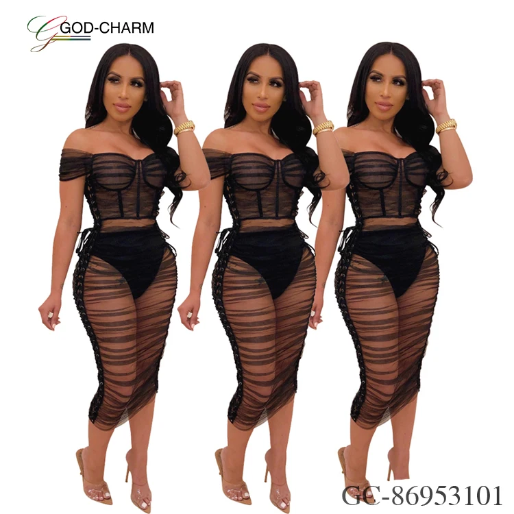 *GC-86953101 2022 new African clothing God-Charm wholesale sexy off-shoulder eyelet see-through mesh dress for nightclub wear