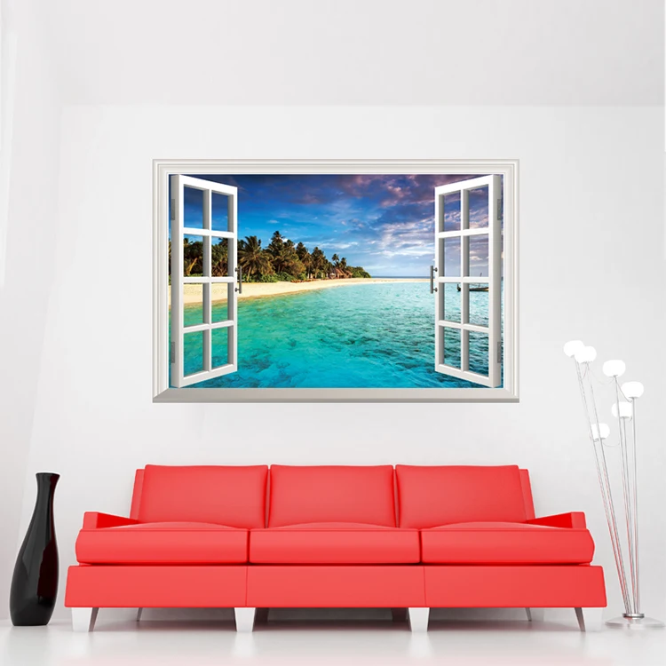 room decor large 3d sea beach scenery view pvc window decorative wall sticker