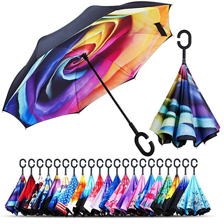 reverse umbrella Rainbow full print inside double layer c handle custom logo print for promotion gift reverse inverted umbrella