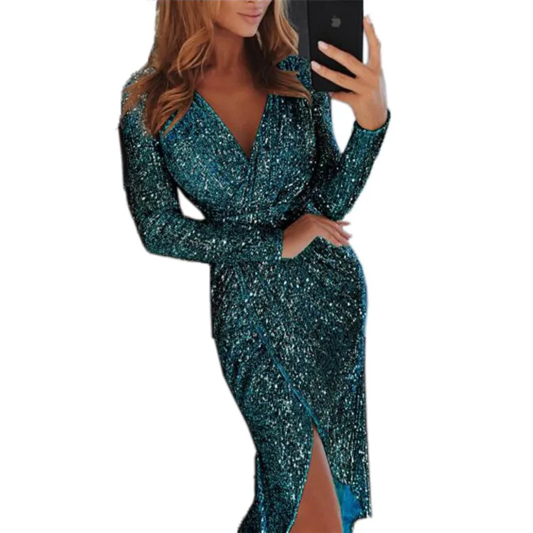 2019 Wholesale Europe and America Long Sleeve Sexy Sequin Pronm Evening Party Dress For Woman