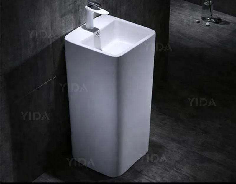 Modern Free Standing Full Ceramic Square Tube Pedestal wash Basins , Home or Business