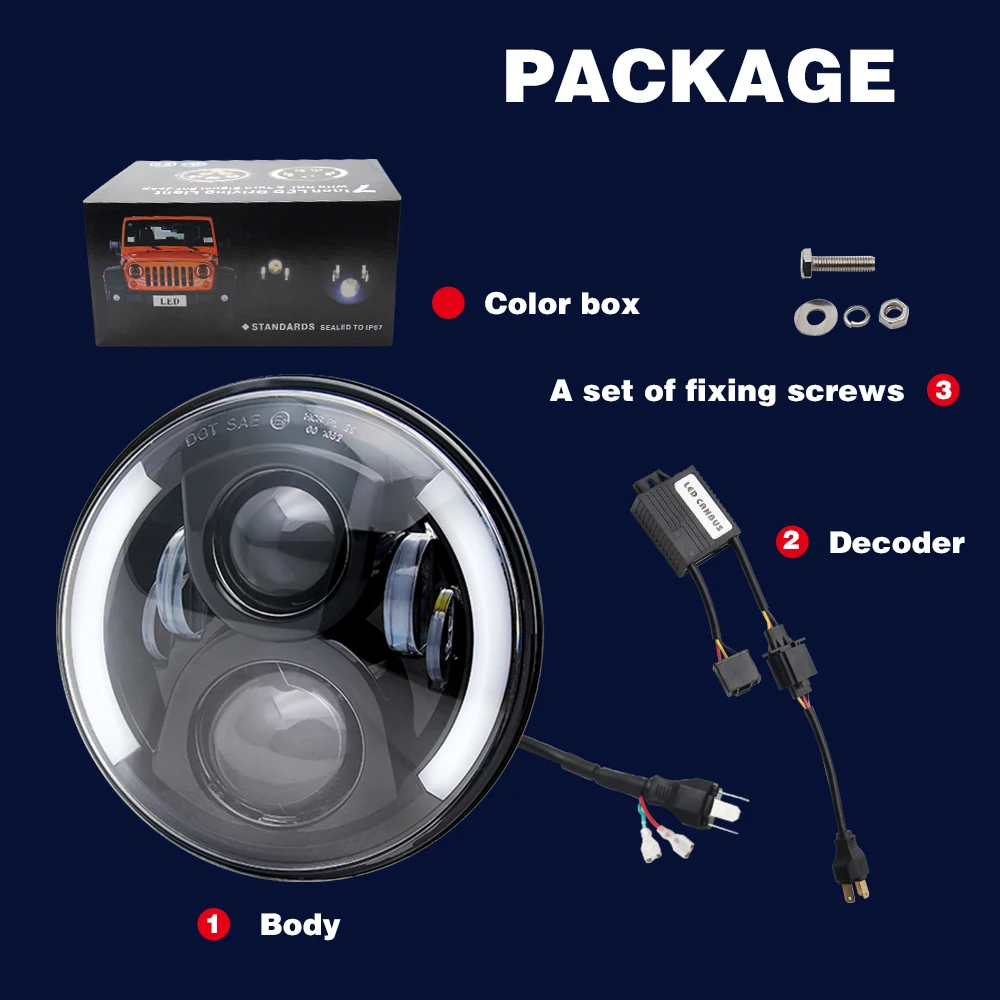 DOT E9 Auto Lighting System Angel Eye Amber 7 inch Round H4 H13 Adaptor Motorcycle JK JL TJ Led Headlight