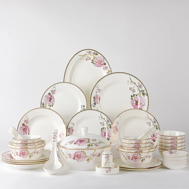 Hotel weeding luxury 50 pieces gold and flower decal Chinese style fine bone china ceramic dinnerware sets for 8 people