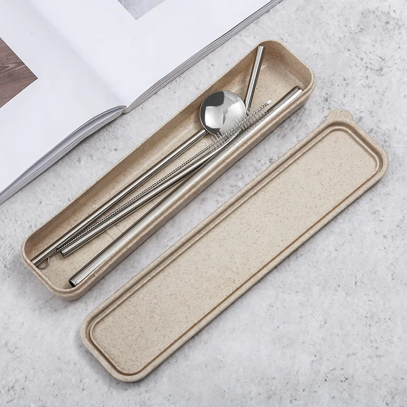 Environment-Friendly reusable metal stainless steel straw spoon set of 4 with cleaning brush for boba tea coffee milk