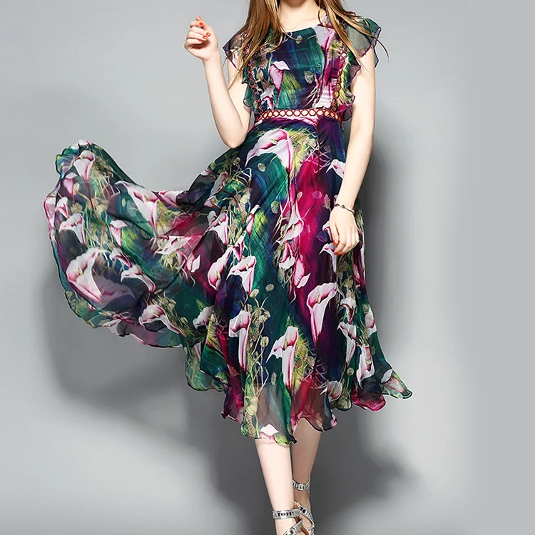 
Yihao Wholesale Woman Chiffon Flare Dress Ladies Big Size European Fashion Casual Floral Print Maxi Dresses 