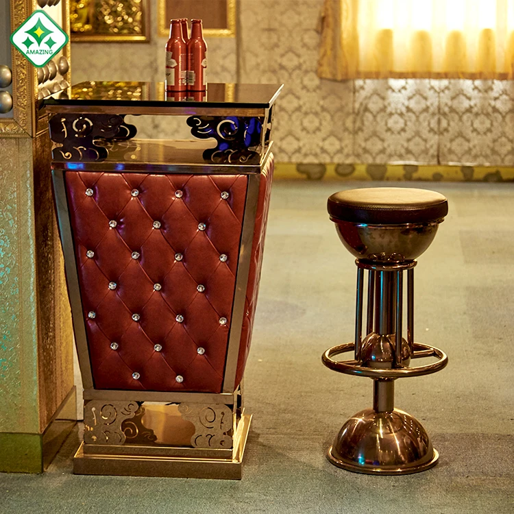 
French Style Baroque Home Bar Furniture Top Quality Portable High Top Party Square Top Leather Decorative Bar Table 