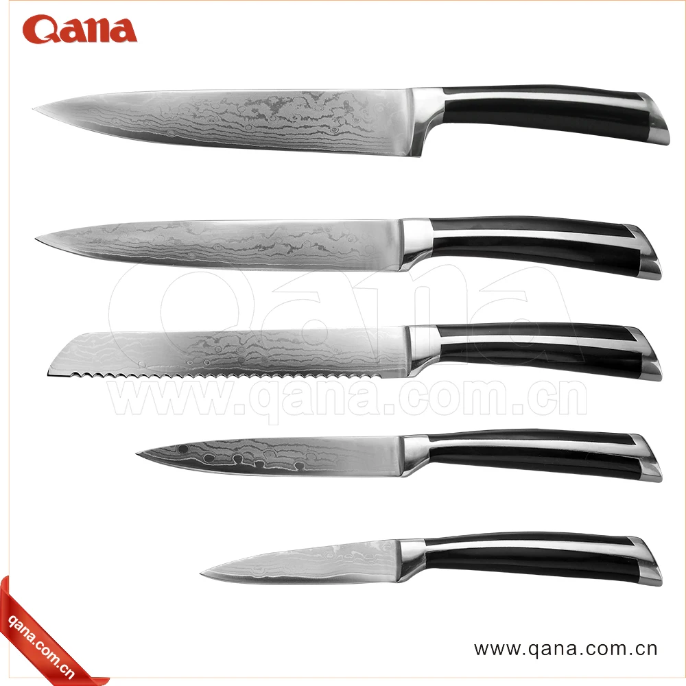 QANA Factory Wholesale OEM New Design Lazer Damascus stainless steel kitchen chef cleaver knife set with wooden block