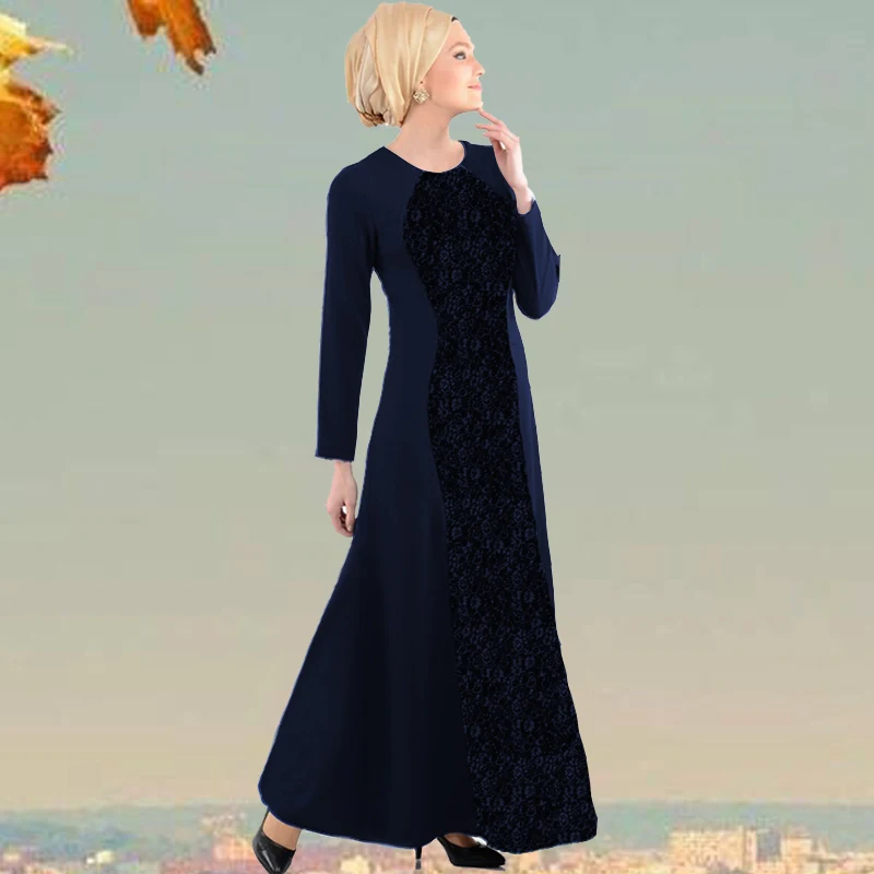 
Elegant design long sleeve maxi dress abaya tight waist gold lace decorated top selling muslim kaftan 