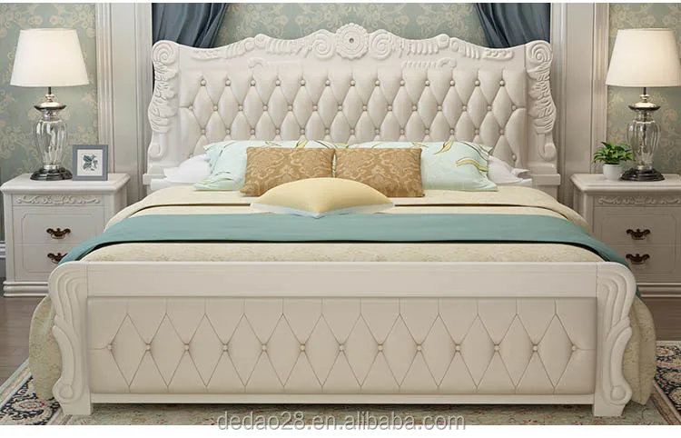 European Luxury royal antique wooden carving bedroom furniture sets genuine leather 5 star hotel bed Customizable