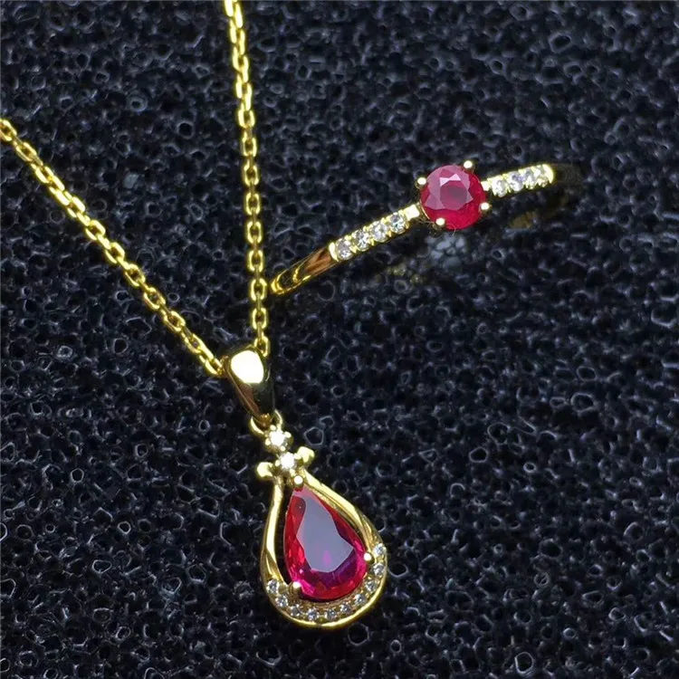 18k gold South Africa real diamond natural red ruby pendant necklace ring jewelry set for women