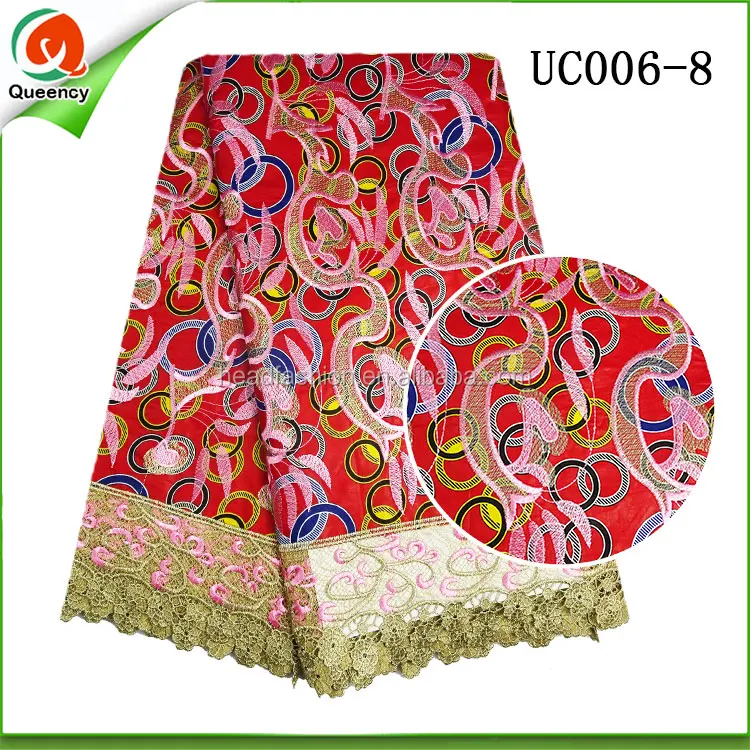 Queency 100% Cotton African Wax Print Fabric With embroidered fabrics guipure lace in blue