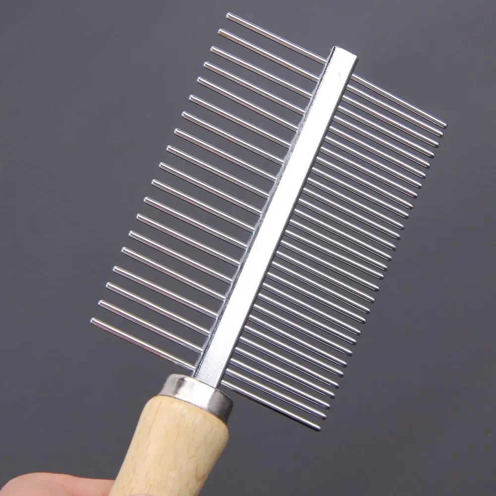 Pet Dog Cat Grooming Hair Comb Rake Double Side Metal Row Teeth Wood Handle