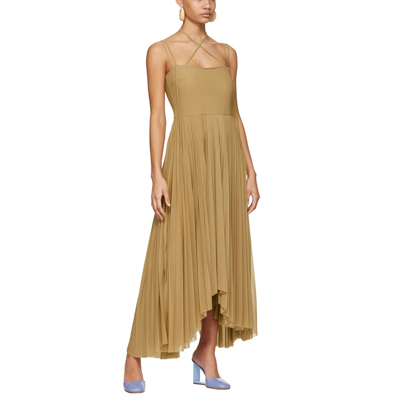 Wholesale Custom Brand Sleeveless Light Weight Mid-Length Pleated Criss-Cross Halter Pleated Tulle Yellow Evening Gown Dress