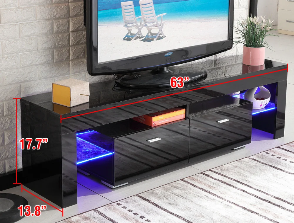 High Gloss Black TV Stand Unit Cabinet Console Furniture w/LED