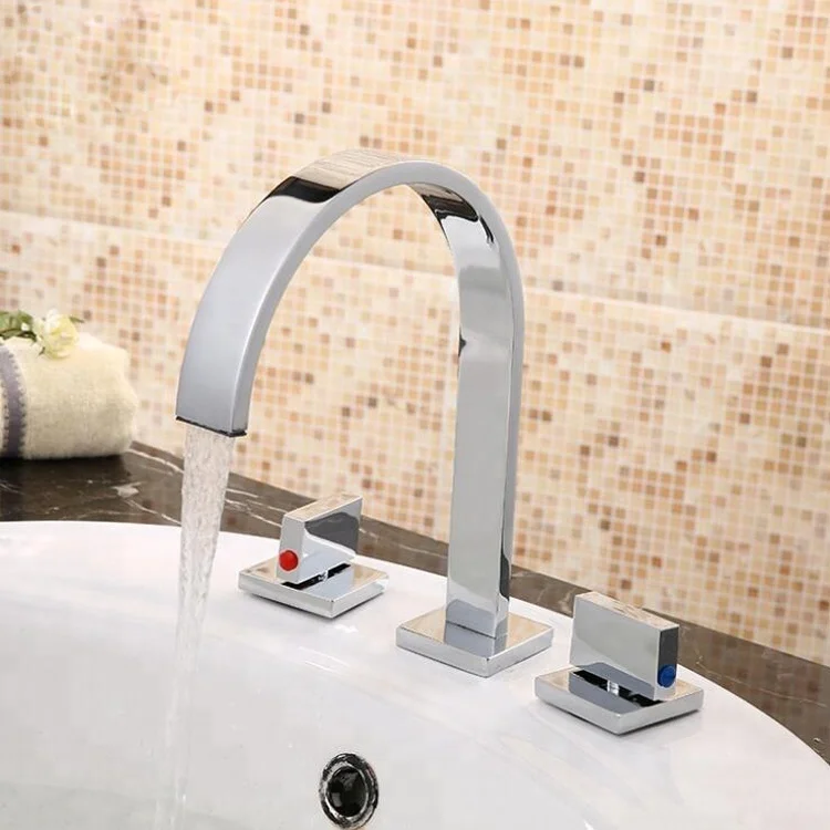Modern 3 Hole Bathroom Faucets with 2 Handles Deck Mounted Chrome Finish  Waterfall Basin Faucets
