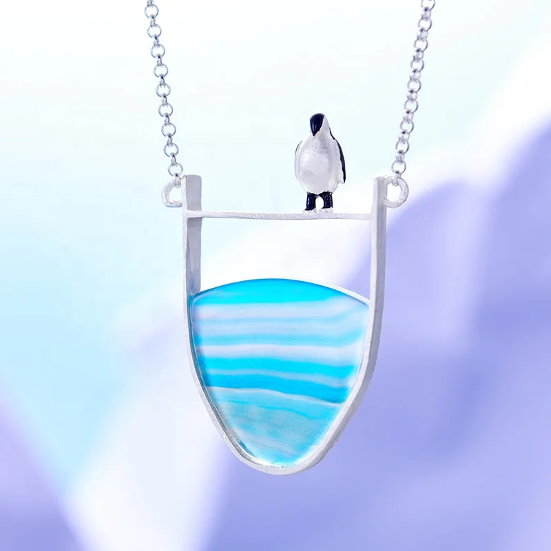 Lotus Fun wholesale Custom natural agate 925 Sterling silver Penguin moon necklace for women Jewelry