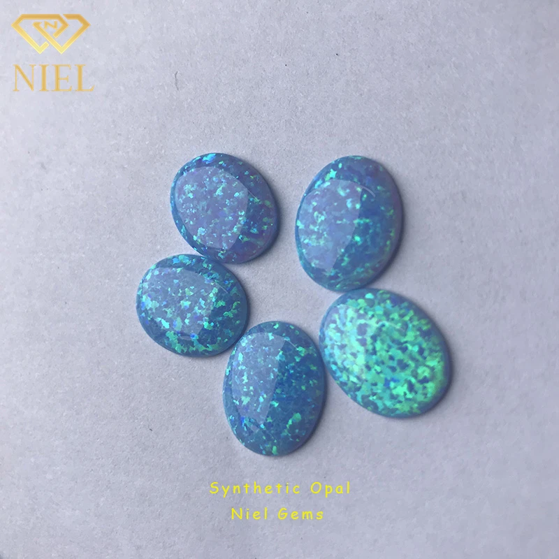 Hot sale 8x10mm synthetic fire blue opal cabochon lab created stone price per gram for necklace or bracelet