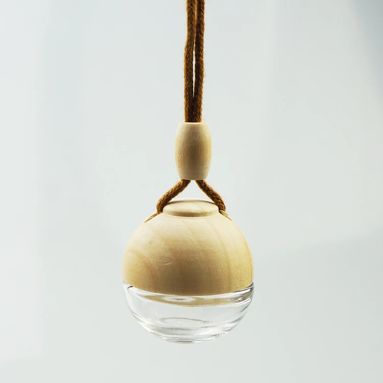 Hot Sale Ball Shaped Empty Hanging Car Air Freshener Vent Glass Car Perfume Bottle with Wooden Cap