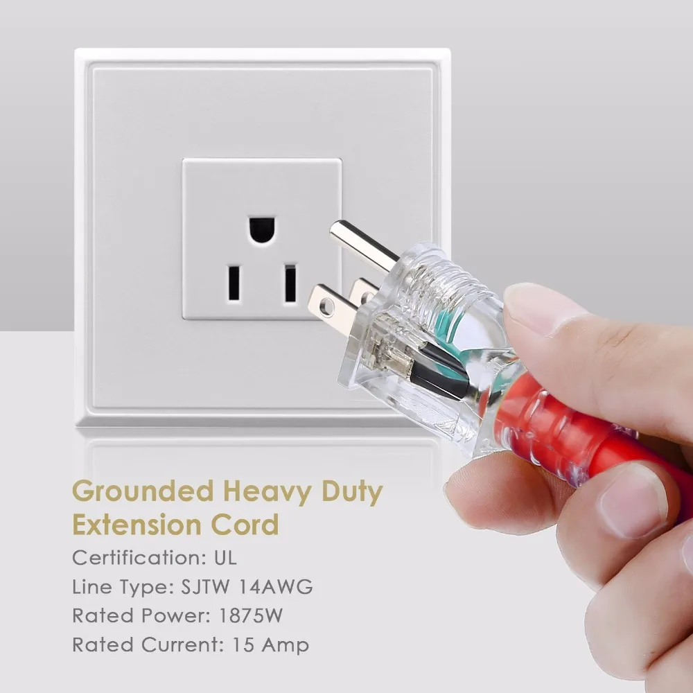 25ft 14/3 Extension Cord Lighted Indoor Outdoor Power Cord Triple Outlets