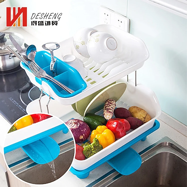 Многофункциональная Двухуровневая корзина для хранения на раковину, кухонные стойки для посуды, складная пластиковая сушилка для посуды