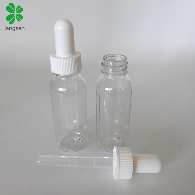 Wholesale 30ml 1 oz/ounce plastic PET clear bottle with dropper, essential oil, pharmaceutical dropper white cap