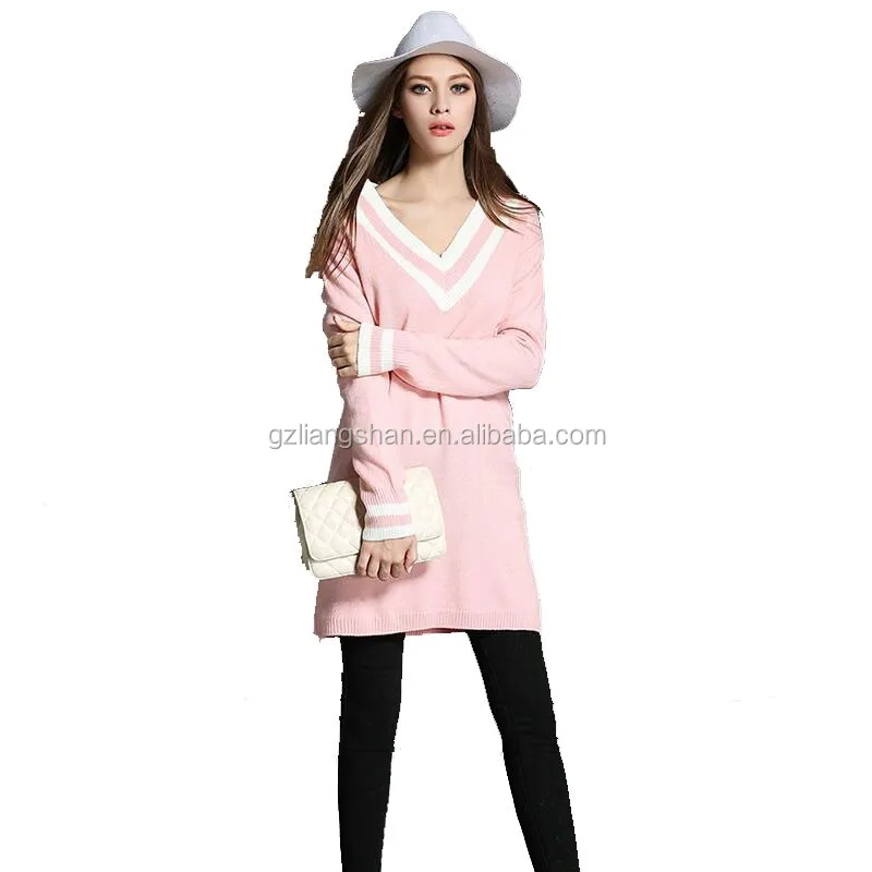
Wholesale 2016 New Arrival Fashion V Collar Long Sleeve Straight Slit Sweater Dress 