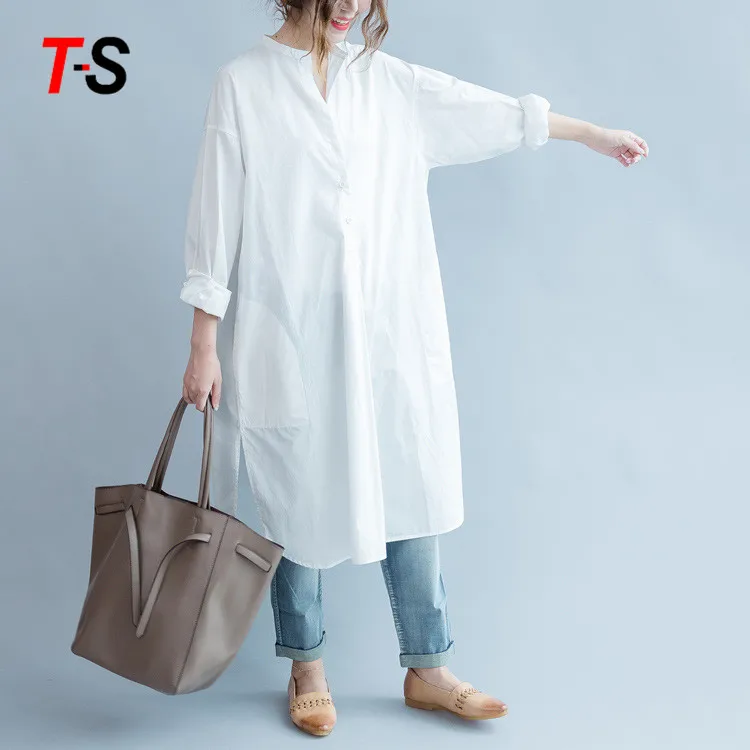 New leisure Simple Solid color round neck long shirt dress cotton fabric