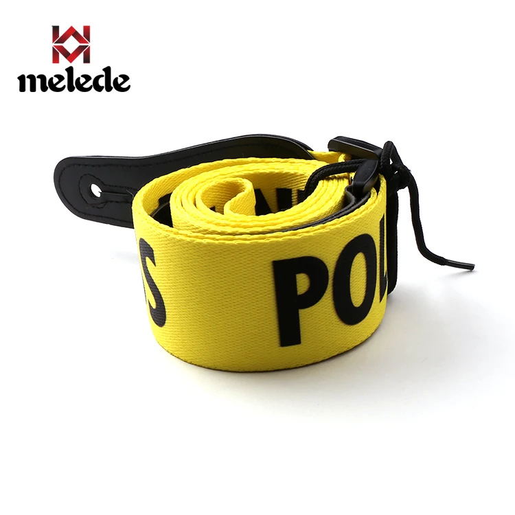 
Thermal transfer polyester yellow police line bass electric anime guitar strap with PU leather ends polyester webbing strap 