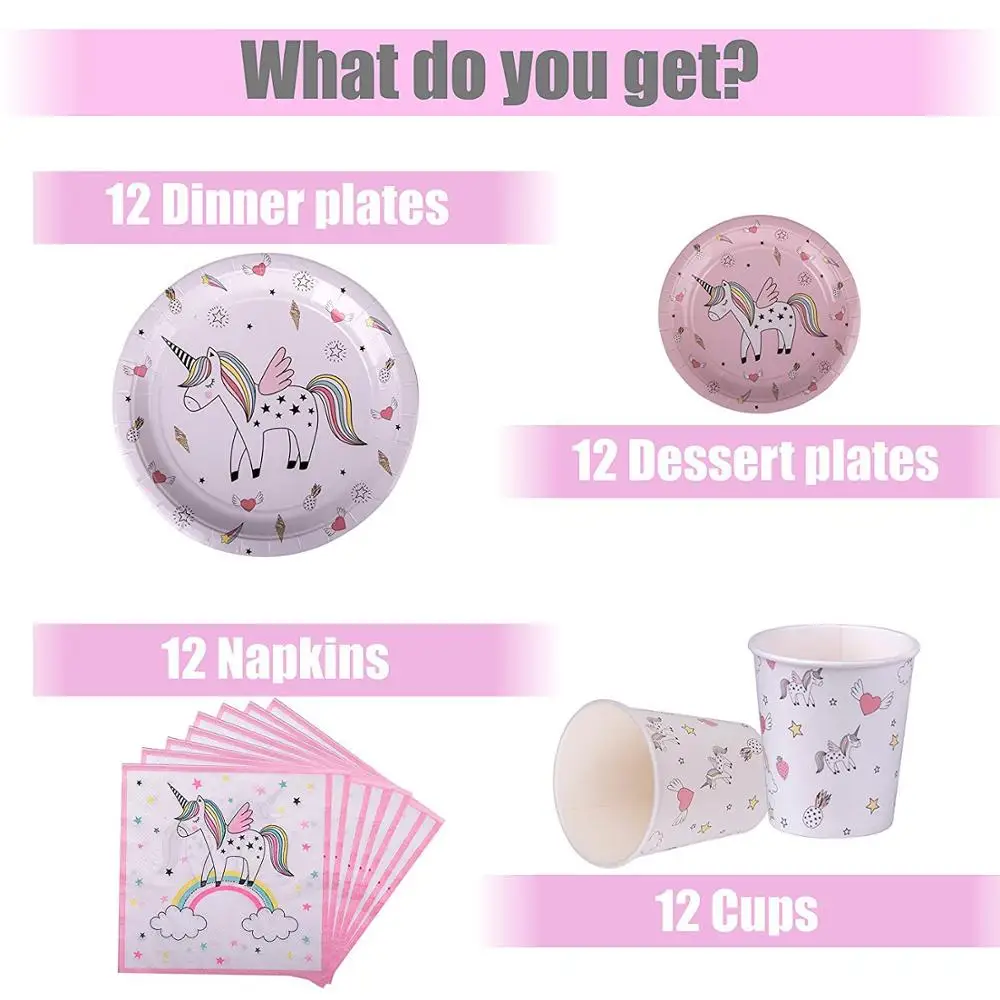 Customized Unicorn Theme Party Supplies 72 Piece Disposable Tableware Set for Girls Birthday Party Decoration