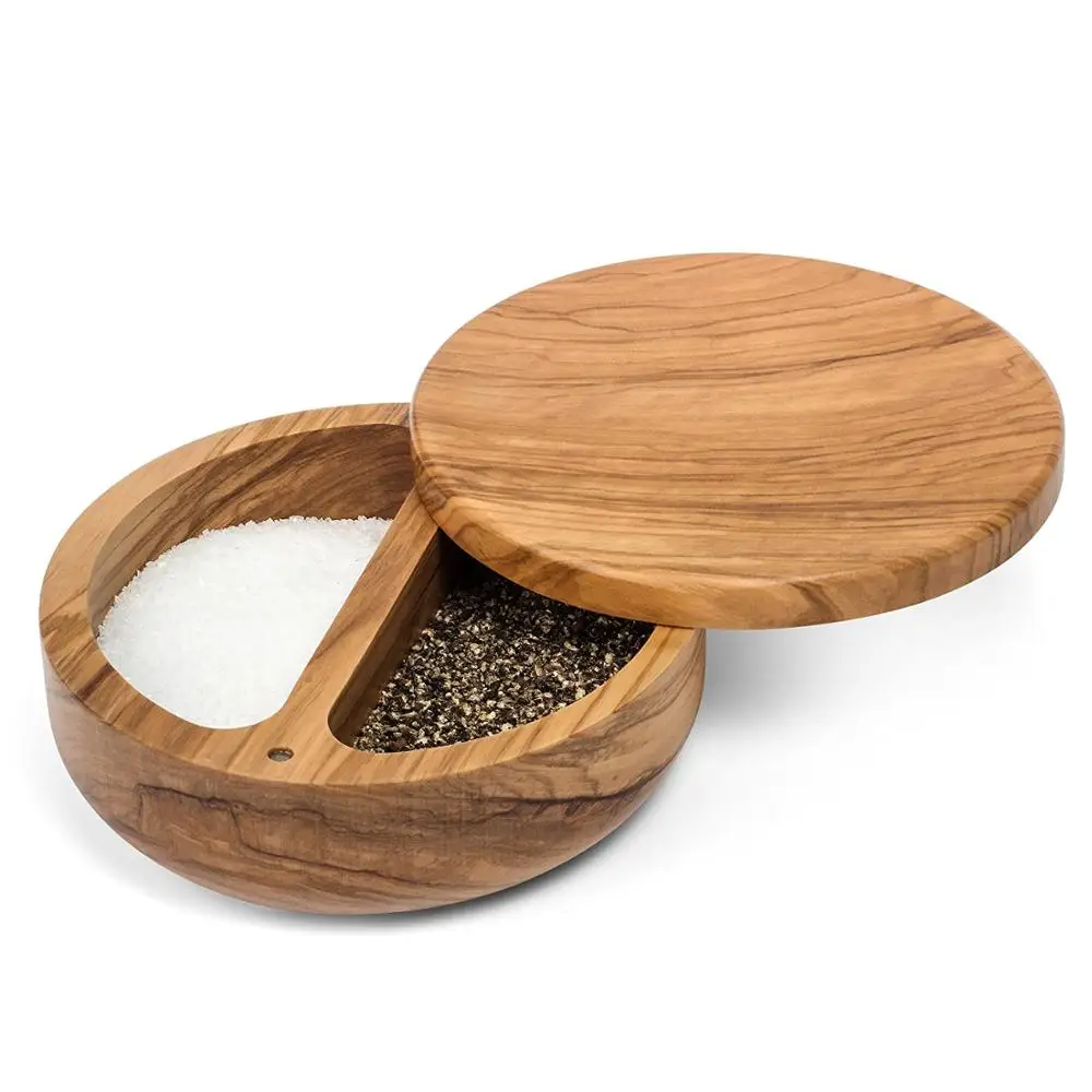 Simply Bamboo Wooden Round 2-Compartment Salt Box Removable, Rotating, Magnetic Top