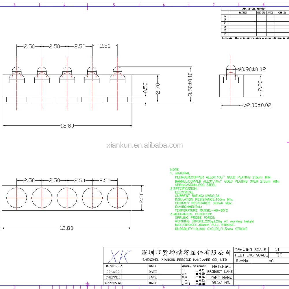 Pin Pitch 2.5 mm Precision Customized 5 pin Pogo Pin connector