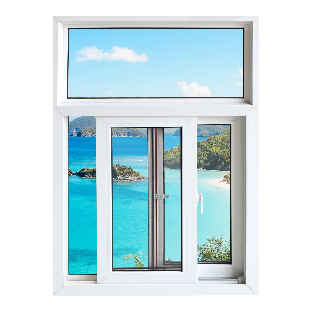 Cheap house windows blue tinted glass pvc sliding window with mosquito net